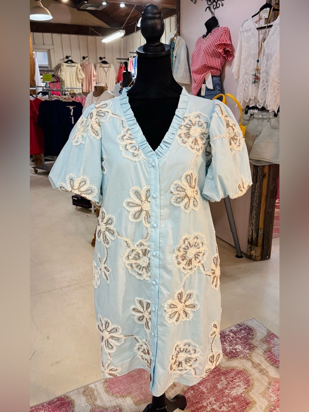 JODIFL Button Front Light Blue Midi Dress with Cream Floral Lace